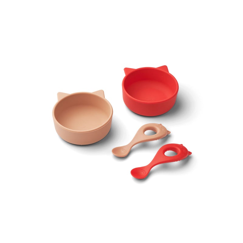 Liewood Evan Cat Apple Red / Tuscany Rose Mix Silikonski set 2 zdjelice i 2 žličice_1