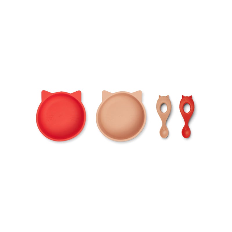 Liewood Evan Cat Apple Red / Tuscany Rose Mix Silikonski set 2 zdjelice i 2 žličice
